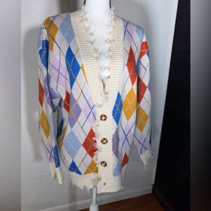 Signature Multicolor Distressed Argyle Cardigan